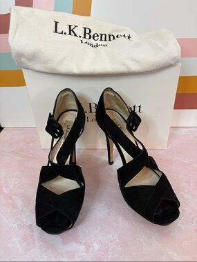 LK Bennett Black Suede Crisscross Peep-Toe 4.25” Heels | 37/7